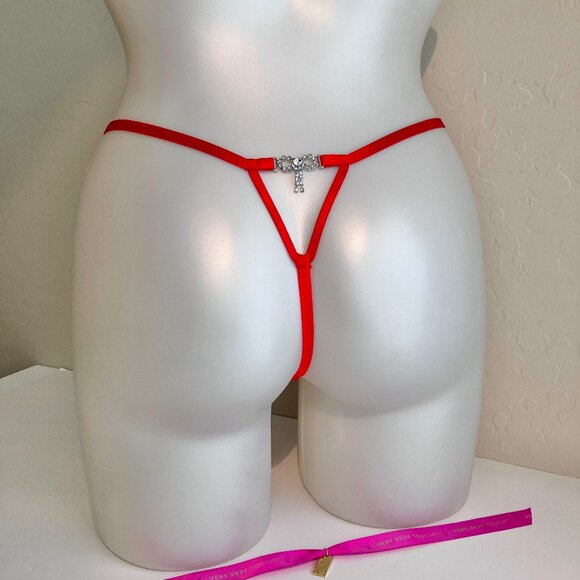 VS Lace V String Cut Out Strappy Thong Rhinestone Bow Charm Panty Red S - Picture 1 of 6
